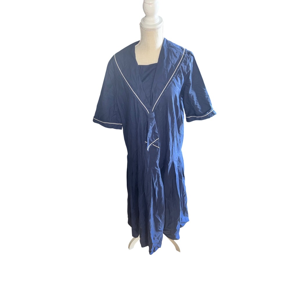 Vintage Laura Ashley Navy Sailor Collar Pleated Cotton Midi Dress USA XL?